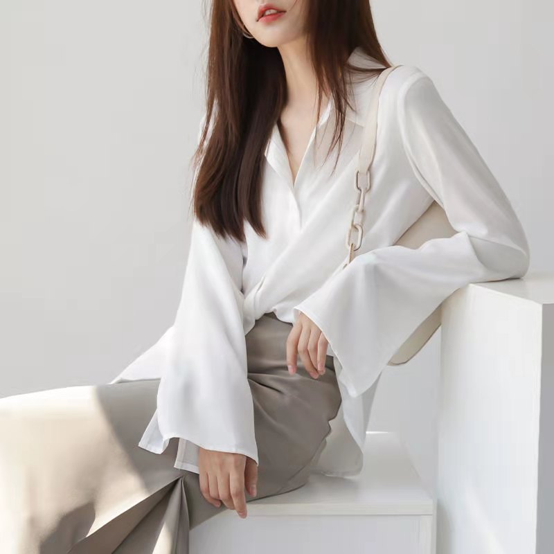 白色衬衫女长袖2021春装新款韩版宽松雪纺衫遮肚子上衣女衬衣洋气 宽松 白色 M