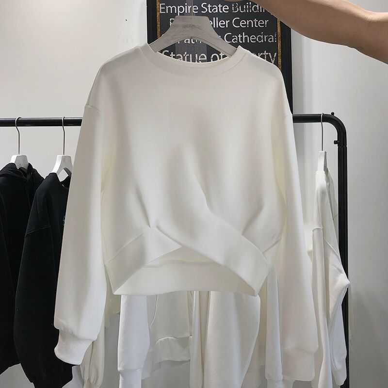 专柜设计师款空气层扭结卫衣女2021早春新款韩版短款白色棉上衣潮 短款 白色 S