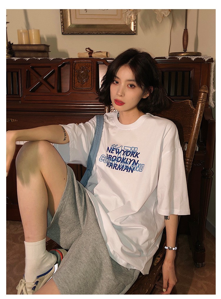 吵吵家短袖白色t恤女潮2021夏季新款网红bf港风宽松中长嘻哈情侣