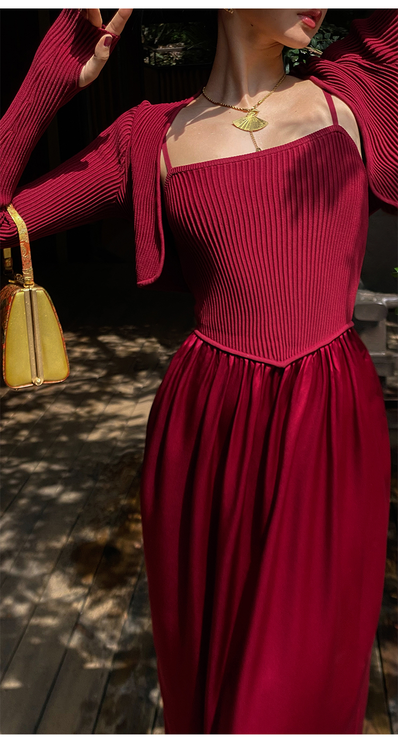红色长袖针织毛衣吊带连衣裙两件套装秋冬新款裙子