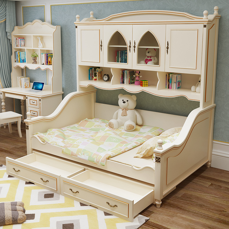 实木儿童床衣柜床一体男孩女孩美式儿童套房家具多功能储物组合床