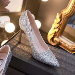 婚鞋女2020秋季新款银色名媛法式小高跟鞋学生十八岁细跟水晶单鞋 时尚，精致，好看