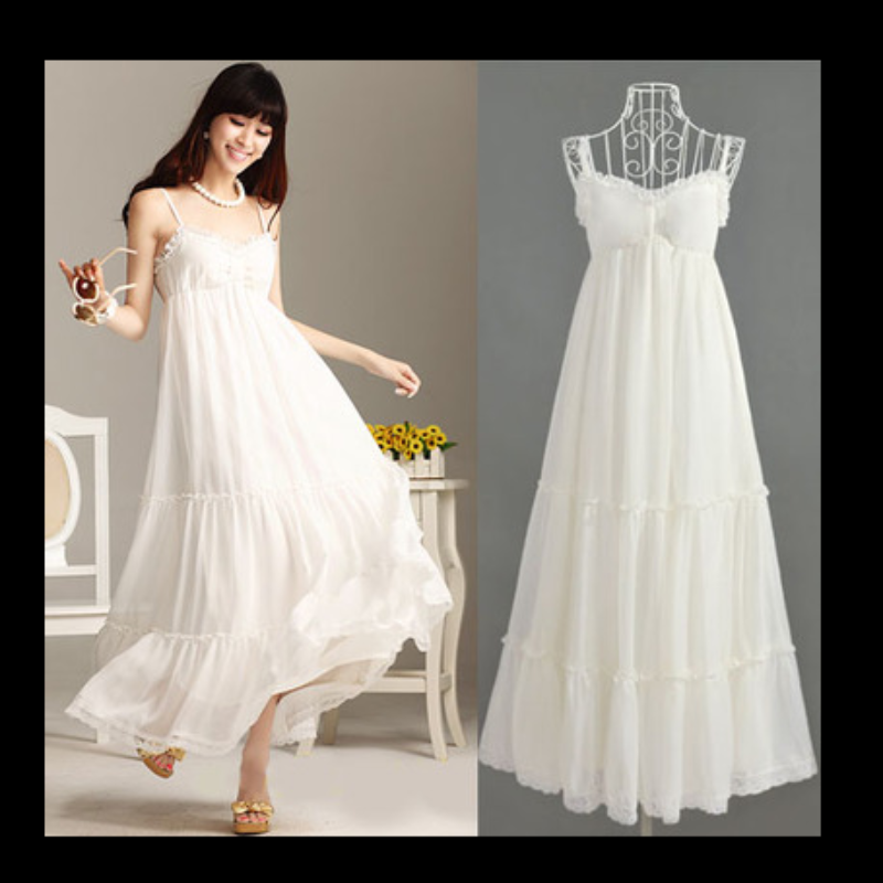 2023新款白色仙女装蕾丝飘逸吊带波西米亚雪纺度假沙滩连衣裙长裙