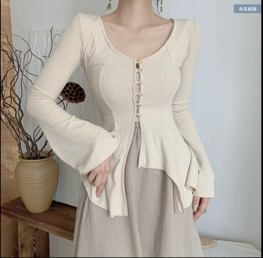 韩国设计感复古喇叭袖开衫禅意驼色半身裙淑女温柔风新中式套装