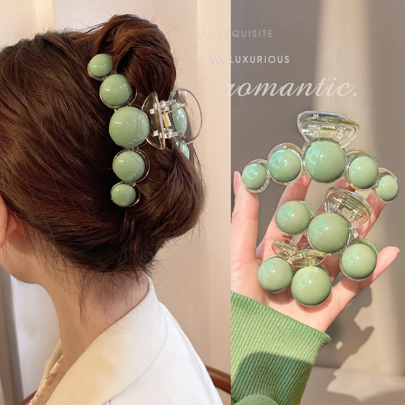 绿色珍珠抓夹女新款优雅气质发夹后脑勺发饰高级感鲨鱼夹夹子发卡