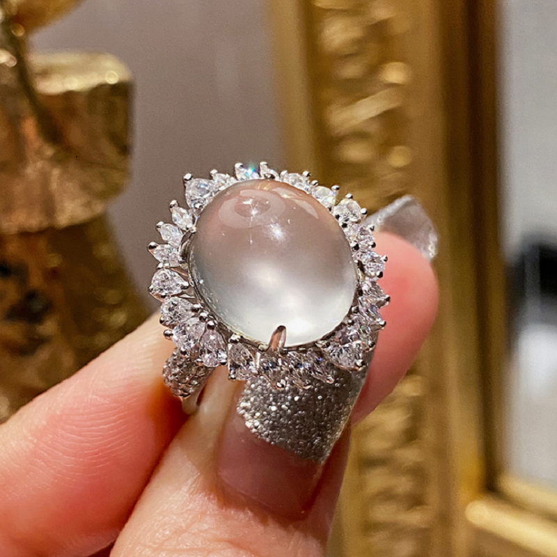 珠宝原创天然水沫玉冰种鸽子蛋925银戒指玻璃种翡翠戒指 白色 