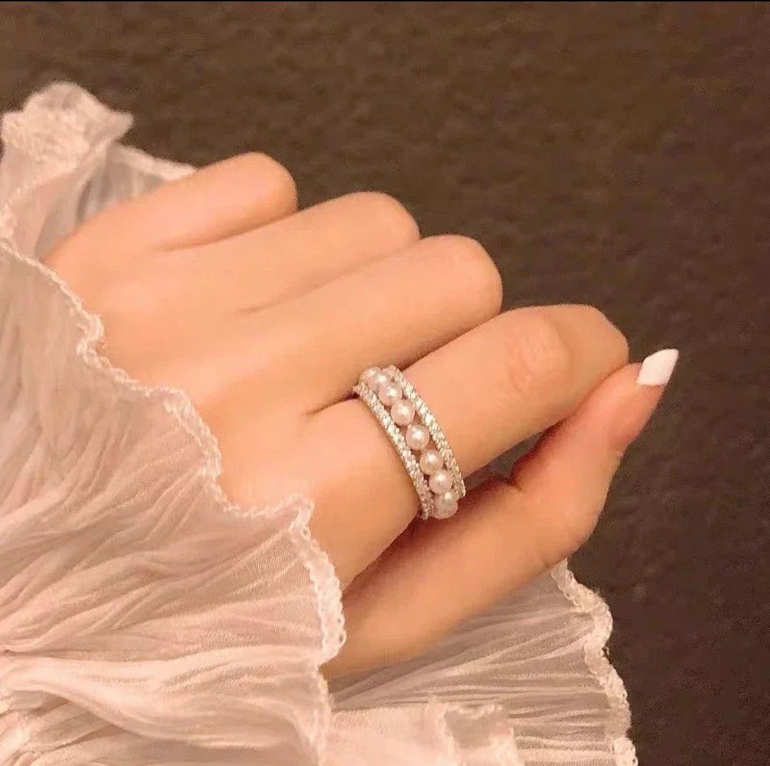 精致满钻珍珠开口戒指女小众设计双层多层个性气质高级感百搭指环