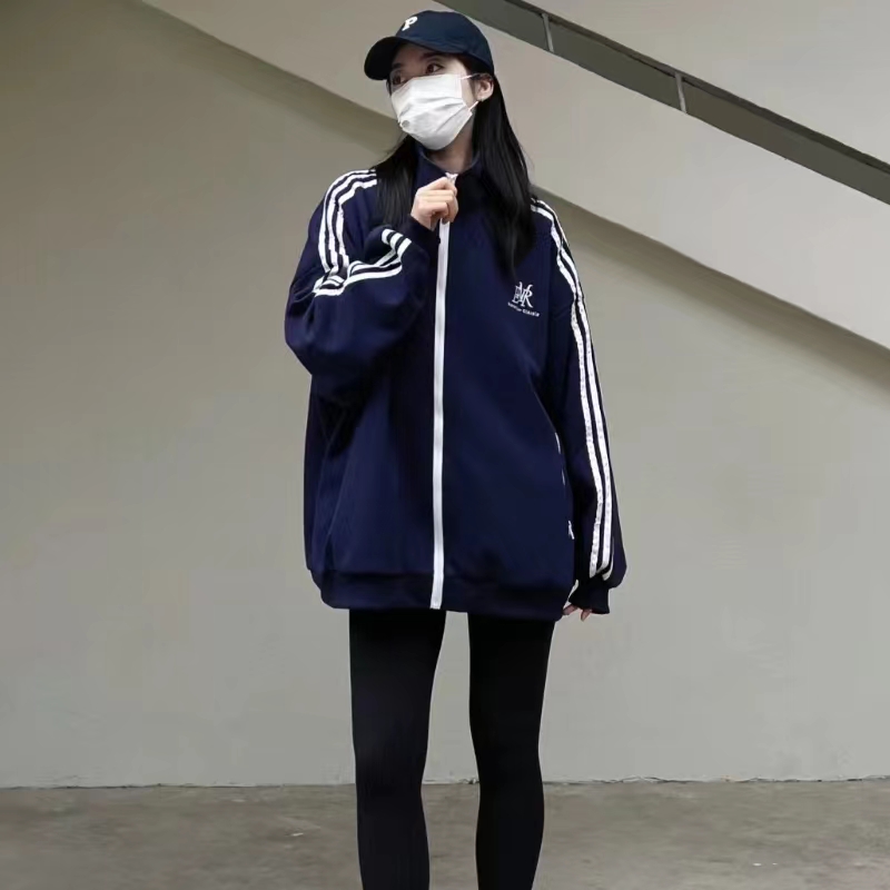 美式复古慵懒风开衫外套女2023年新款春季hiphop上衣 黑白条纹