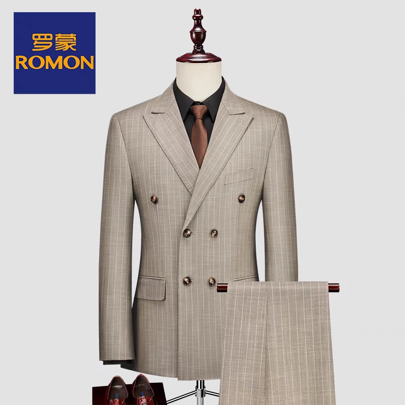 罗蒙卡其色条纹上班西服套装男商务休闲正装双排扣新郎西装英伦风
