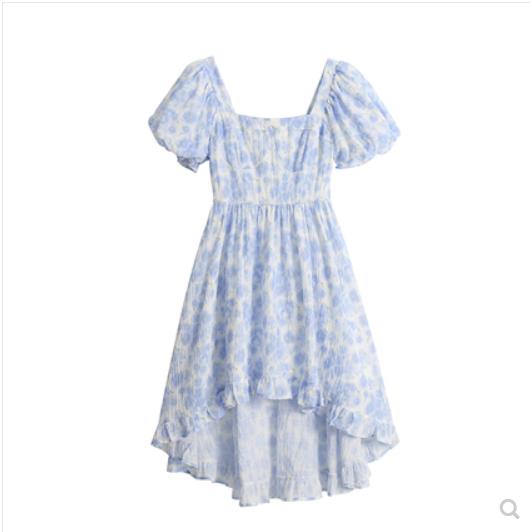 蓝色收腰碎花连衣裙2023夏季新款雪纺法式流行长裙气质显瘦小个子