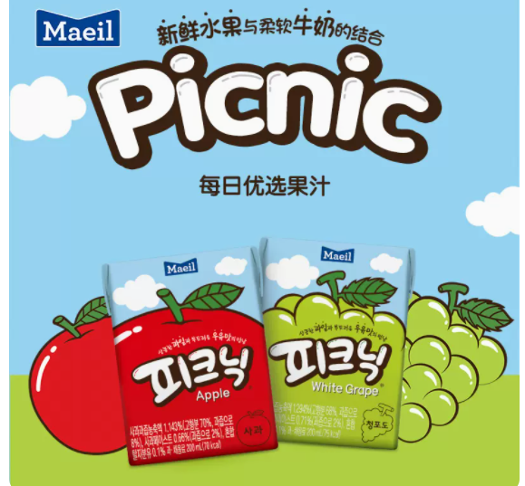 Maeil每日picnic韩国进口葡萄苹果纯果汁0脂低卡饮料儿童整箱24盒