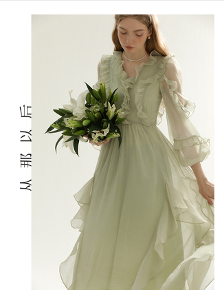 从那以后法式复古仙女裙高级感连衣裙长袖荷叶边绿色森系纱裙春季