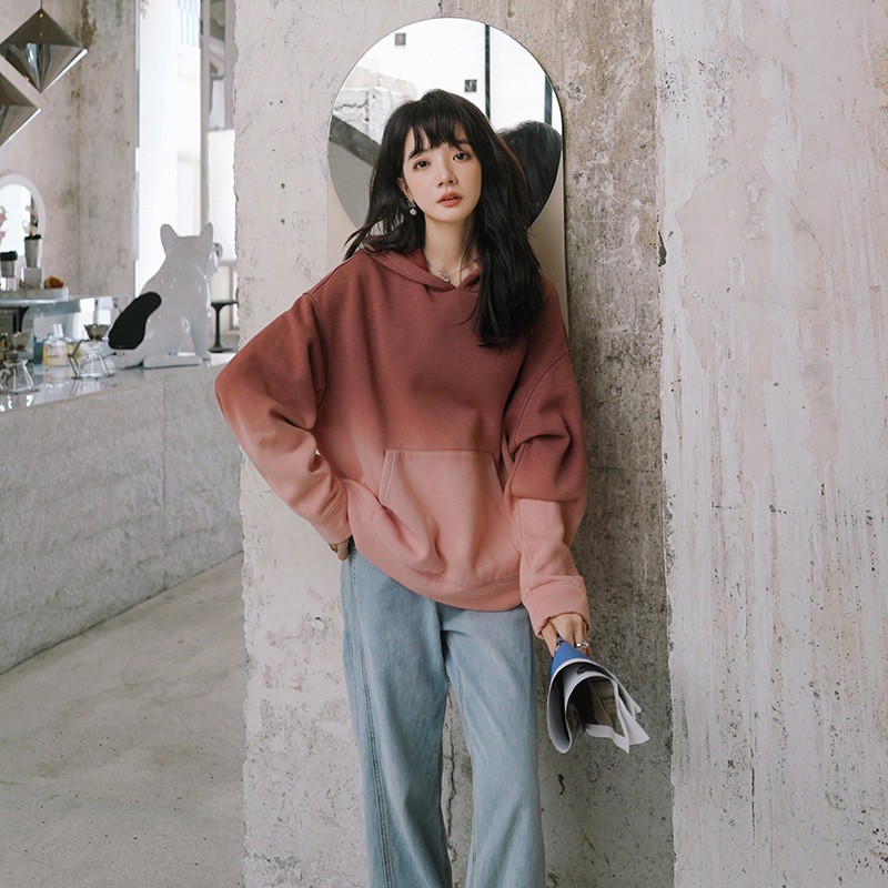 实拍新款粉色渐变卫衣女春秋韩版宽松短款小个子bf慵懒风连帽上衣