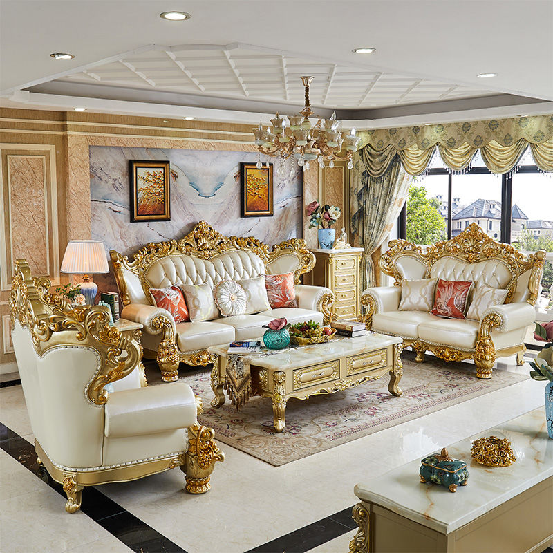 欧式真皮沙发组合客厅大户型全实木雕花头层牛皮奢华高档别墅家具