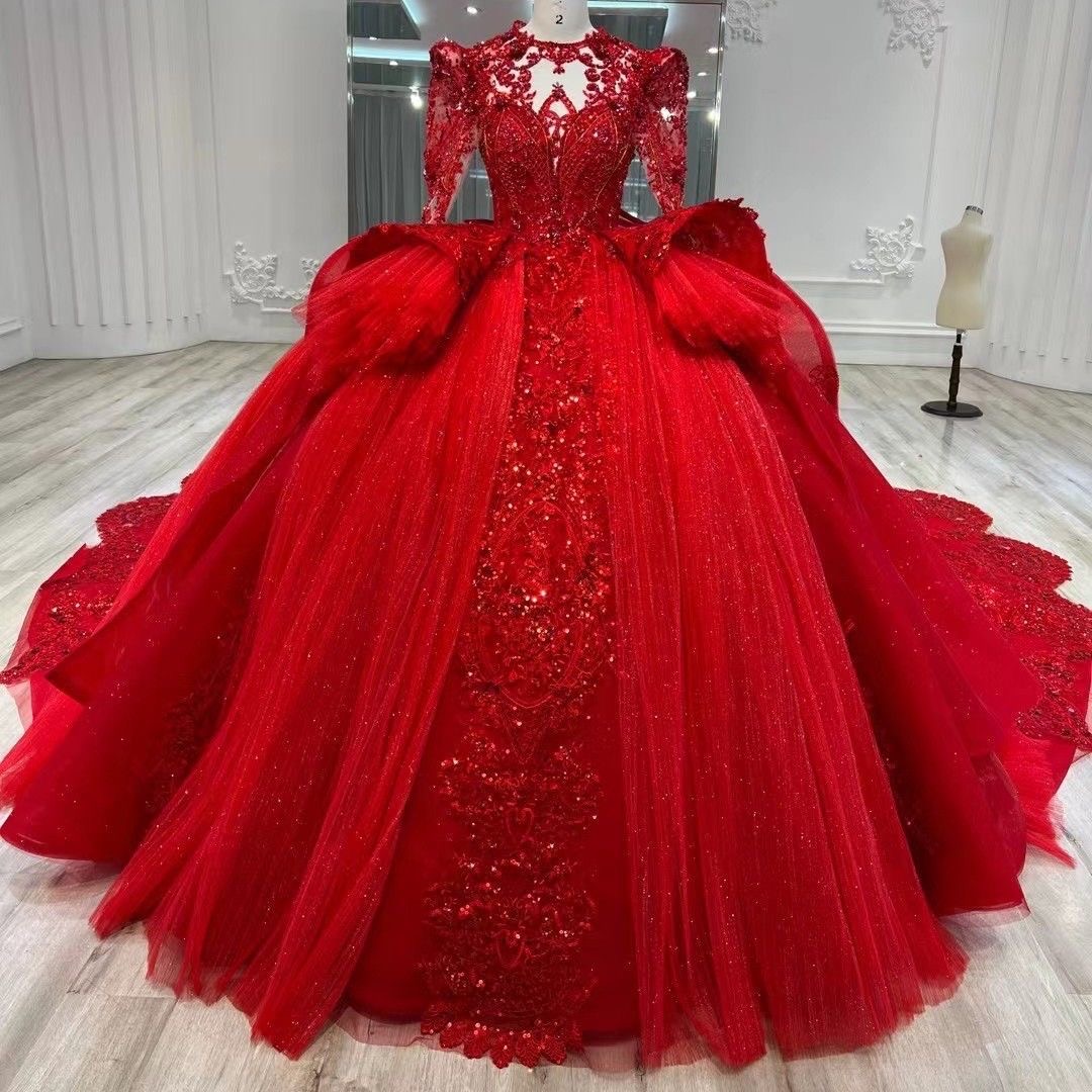 红色婚纱新娘2022新款主纱复古轻婚纱礼服高级出门纱小个子长袖冬