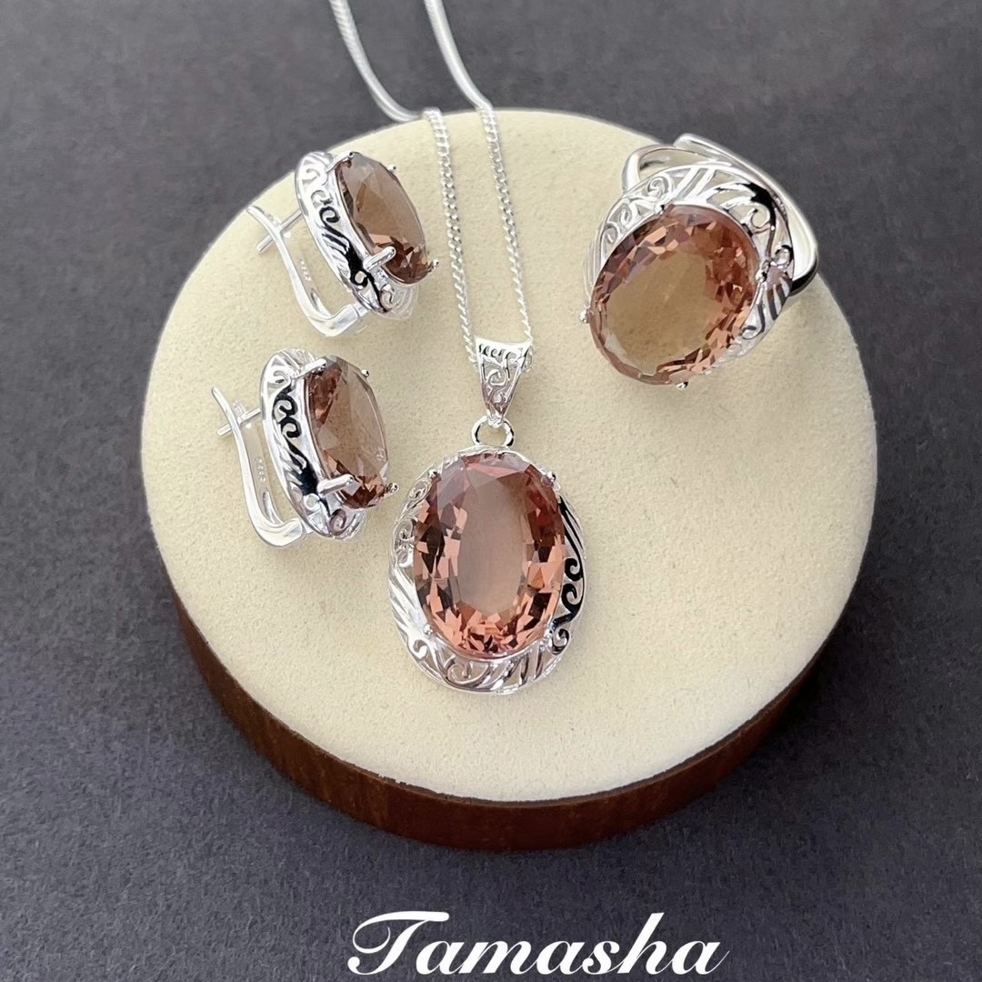 Tamasha塔玛夏纯银三件套配变色苏丹石水晶大气吊坠戒指耳环