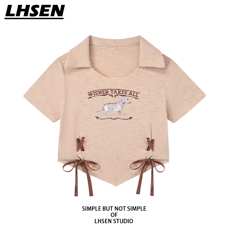「LHSEN」美式印花短袖T恤女夏季修身短款设计感绑带辣妹翻领上衣