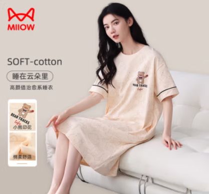 人（MiiOW）女士睡裙睡衣女春夏100%纯棉家居服女可爱小熊套头睡裙米白L