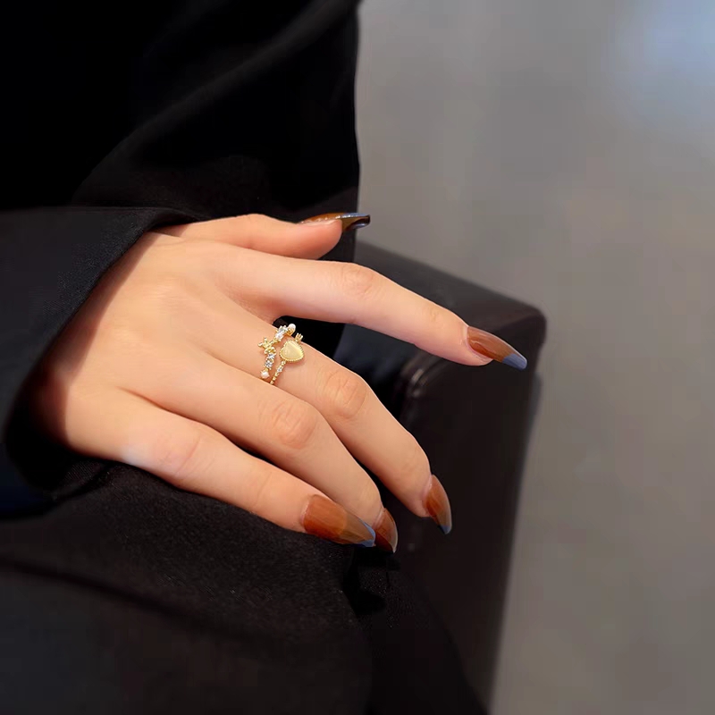 韩版复古猫眼石爱心戒指女双层轻奢珍珠食指戒网红同款设计感手饰