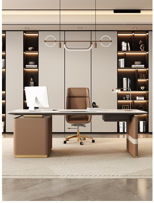 轻奢岩板马鞍皮书桌意式设计师书房写字台客厅家用大长实木办公桌