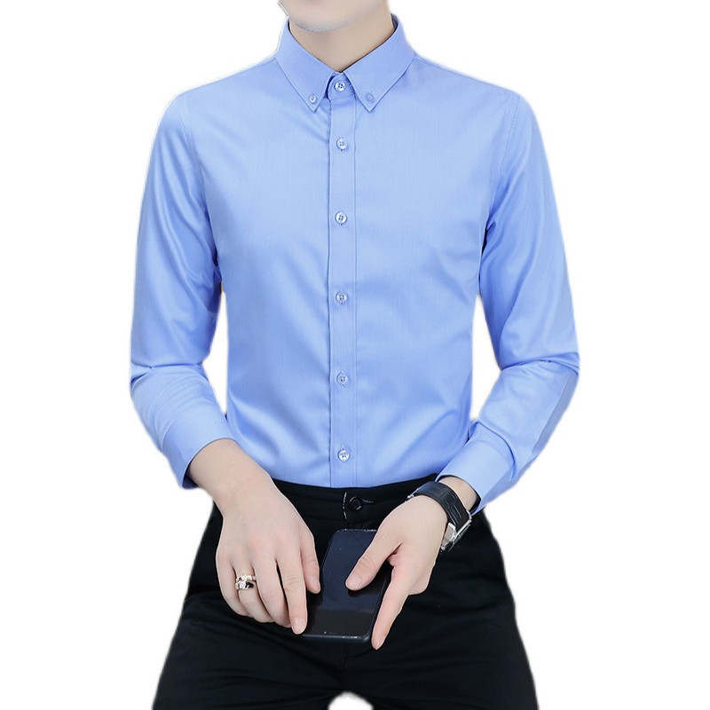 公子衬衫男士修身韩版商务秋季方领青年休闲职业蓝色衬衣