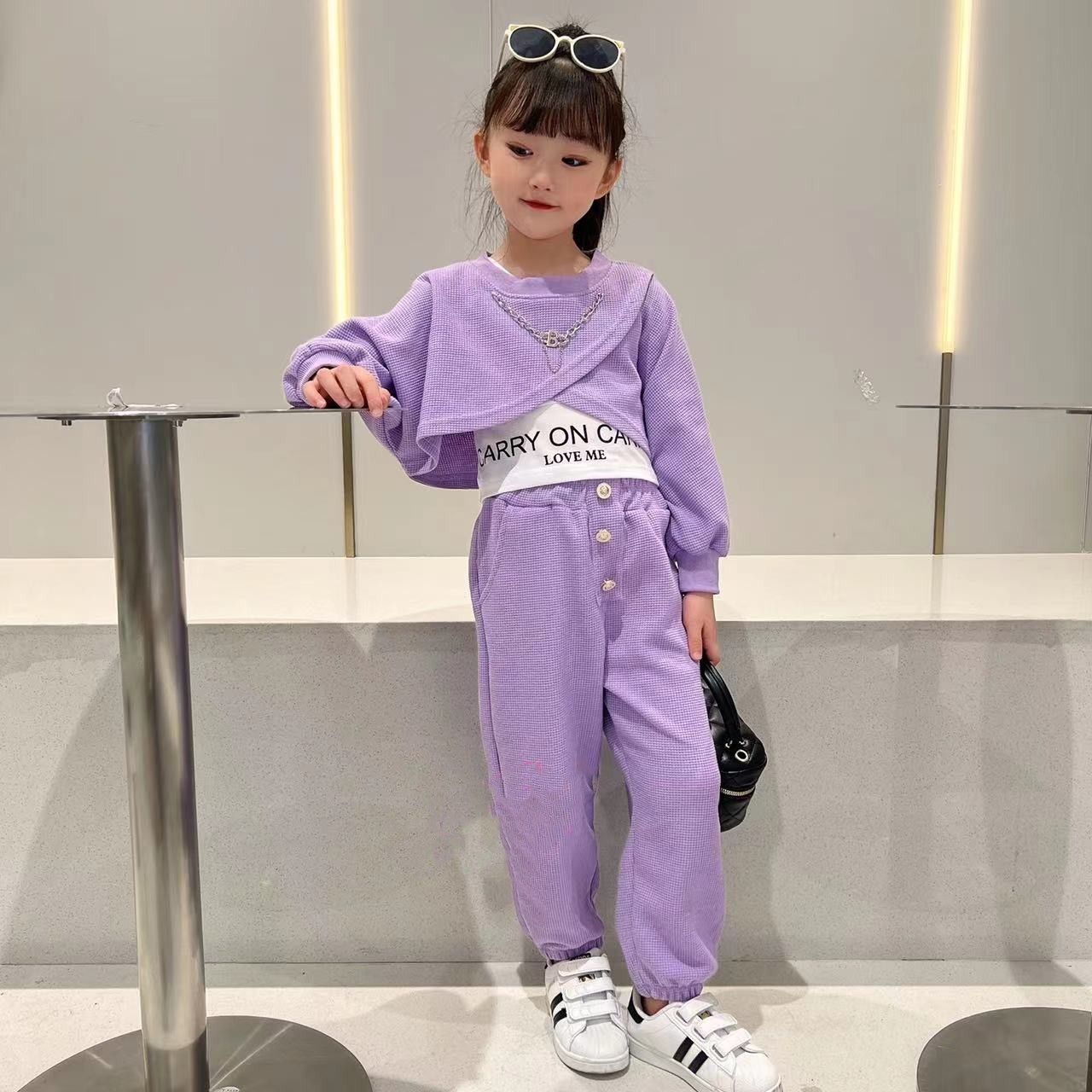 韩版童装女童时髦套装2022秋季新款儿童洋气时尚网红华夫格三件套