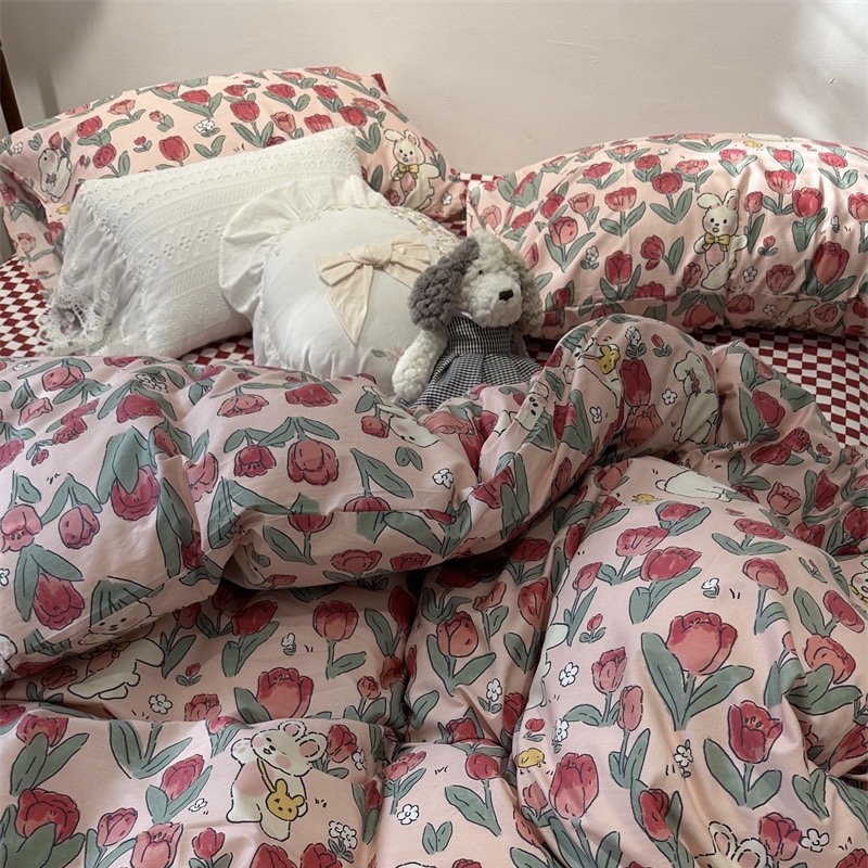 ins红色郁金香小兔床上四件套全棉纯棉1.5米被套床单三件套少女心