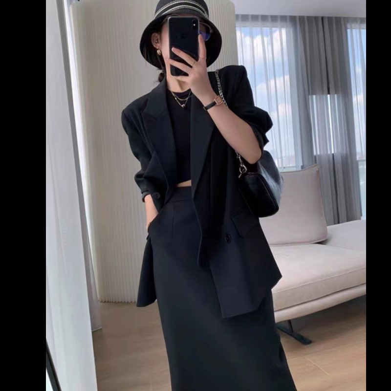 西装两件套女2023年春季韩版时尚气质垂感不易皱职业套装 黑色西装 黑色 S
