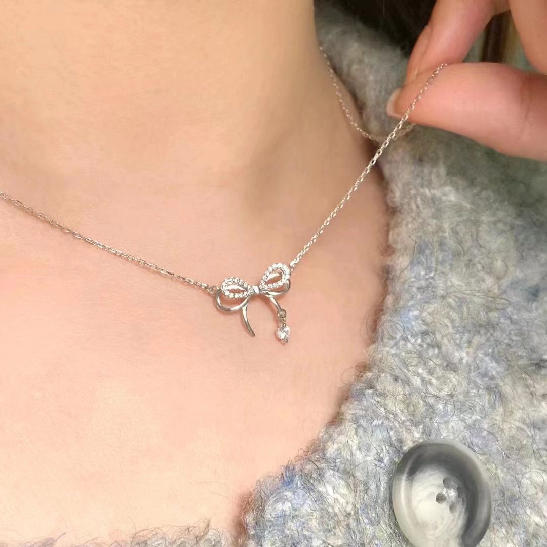 S925纯银蝴蝶结项链女简约气质小众设计高级感锁骨链可送女友礼物