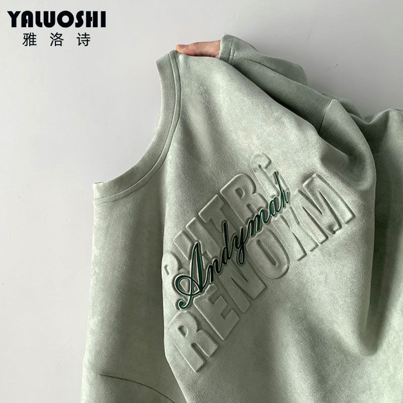 YALUOSHI重磅麂皮绒t恤男女夏季高级感百搭小众立体字母宽松短袖