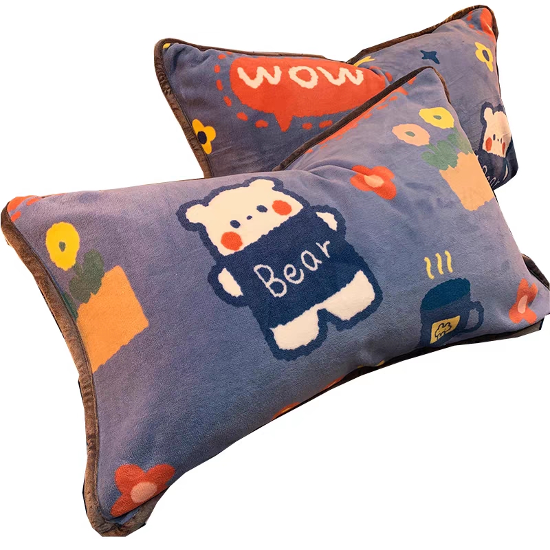 法兰珊瑚绒枕套一对装大号可爱单个双人枕头套儿童单人枕芯内胆套 枕头枕芯 J-wowbear-双面加绒加厚枕套一对 48cmX74cm