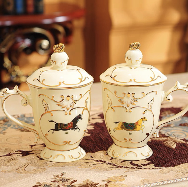 欧式宫廷风陶瓷杯子马克杯带盖勺家用创意咖啡杯英式下午茶红茶杯