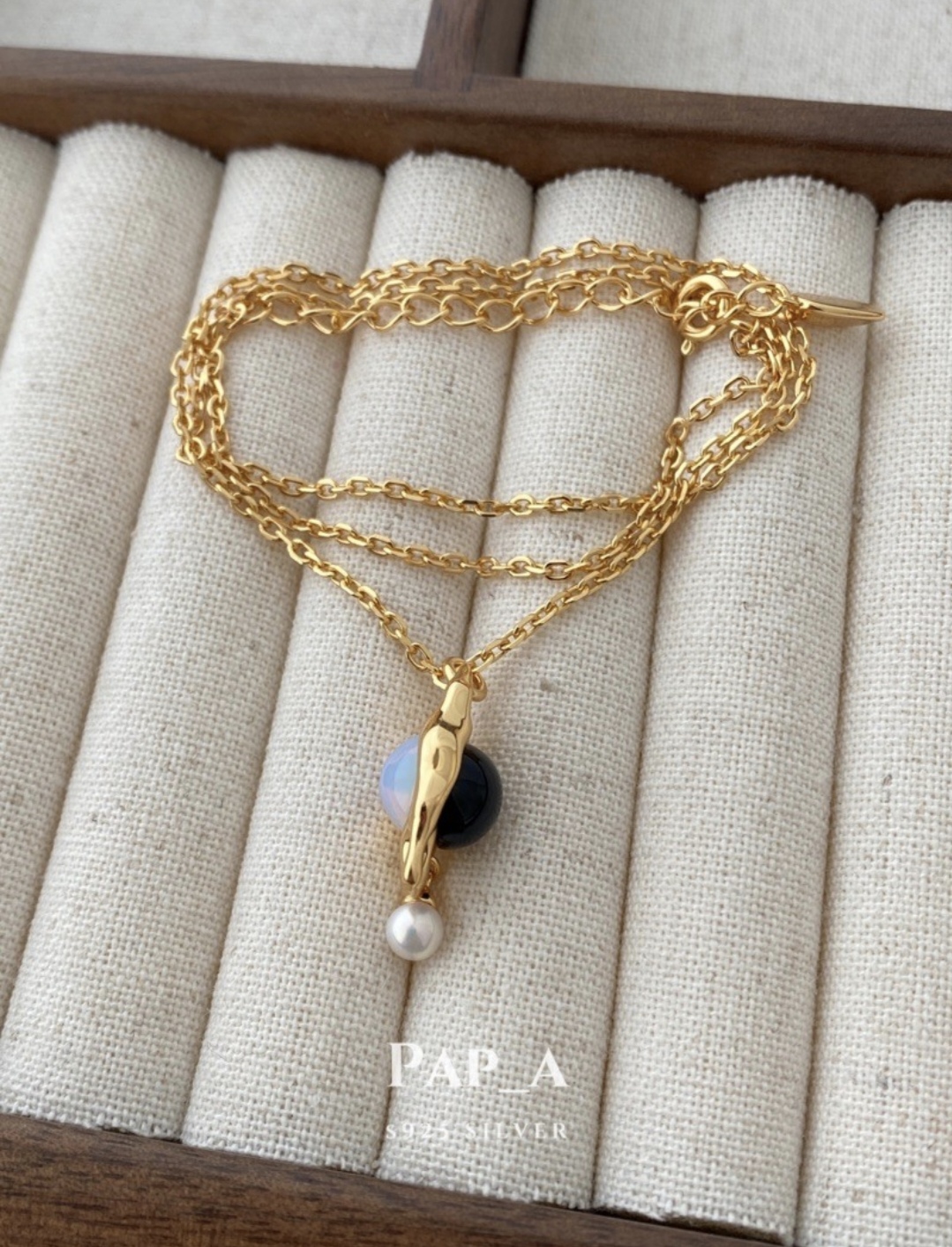 PAP_A.双面黑玛瑙蛋白石珍珠项链|银镀金