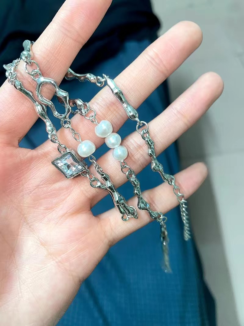 设计感淡水珍珠锆石拼接项链小众高级感锁骨链冷淡风毛衣链