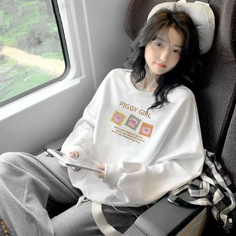 2023年春季卫衣薄款女韩版薄款宽松套头圆领白色上衣字母印花长袖