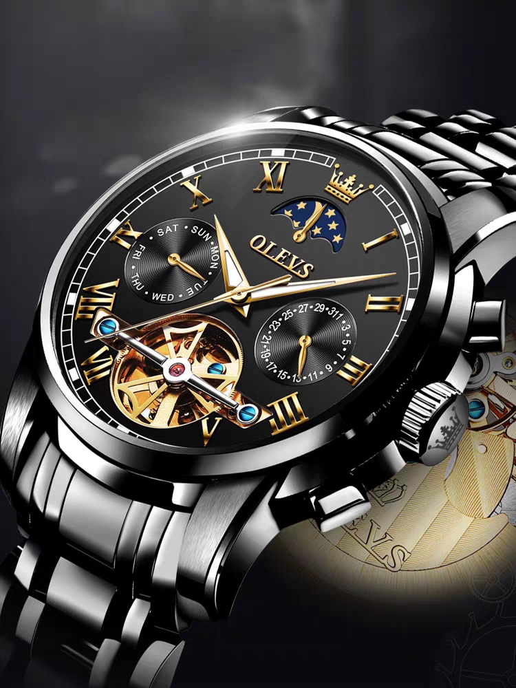 瑞士黑色手表机械表名牌正品防水全自动男款 钢带全黑