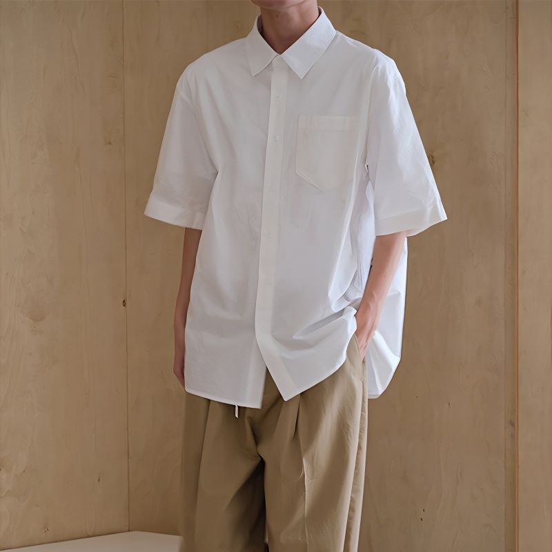 夏季男士白色短袖衬衫2023新款宽松潮流复古纯色休闲日系港风上衣
