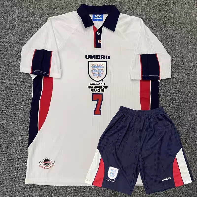 98世界杯英格兰复古球衣7号贝克汉姆20号欧文长短袖套装足球队服 L
