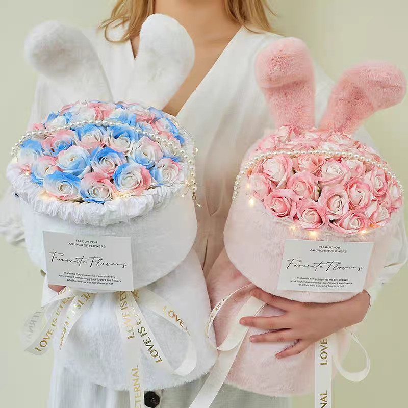 兔耳朵玫瑰花束送女友闺蜜情人香皂花生日礼物女生520礼物母亲节