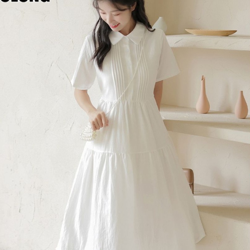 EFOLONG学院风法式白色Polo短袖连衣裙夏季显瘦小个子衬衫A字裙