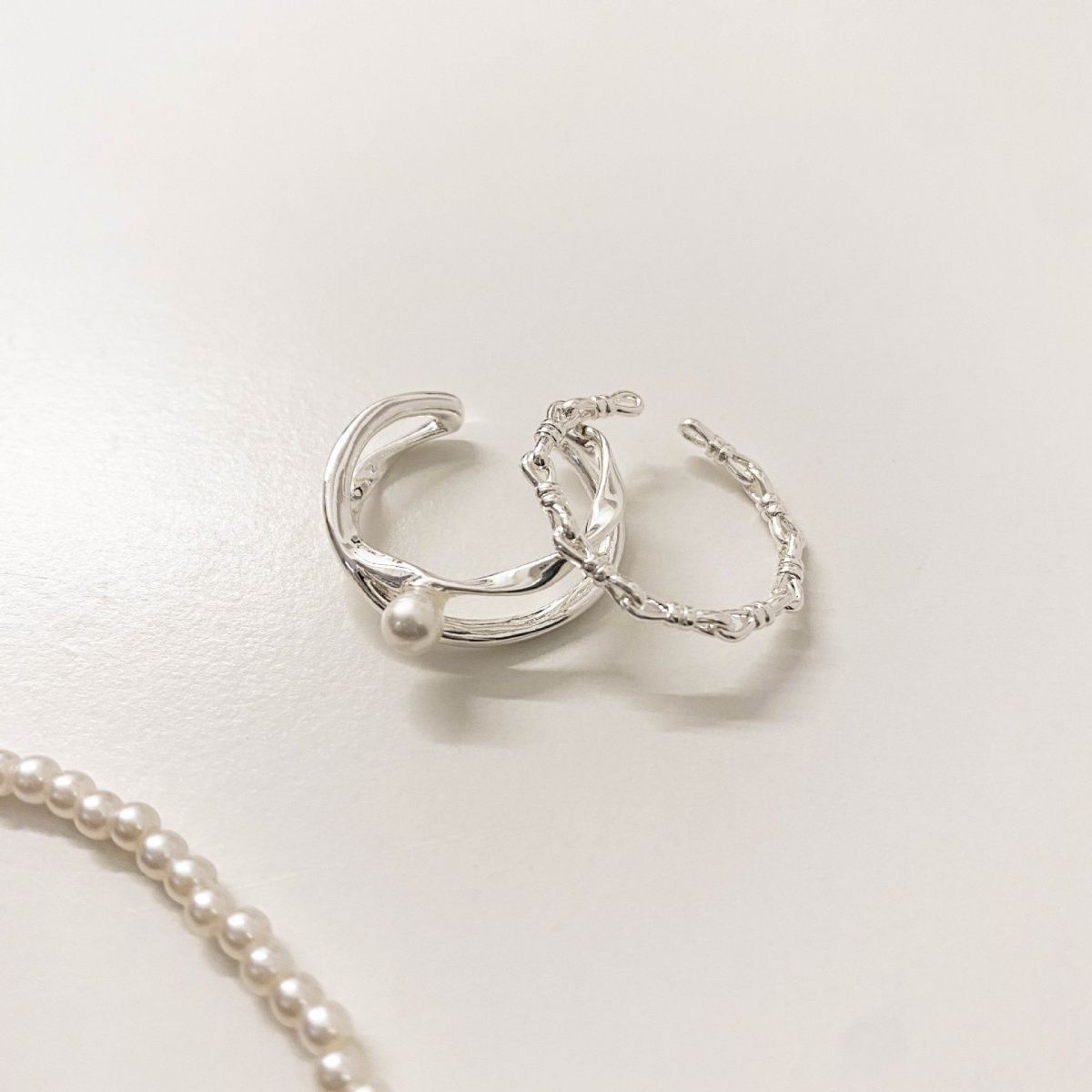 s925纯银珍珠戒指小众设计素圈叠戴高级感时尚个性开口温柔素雅