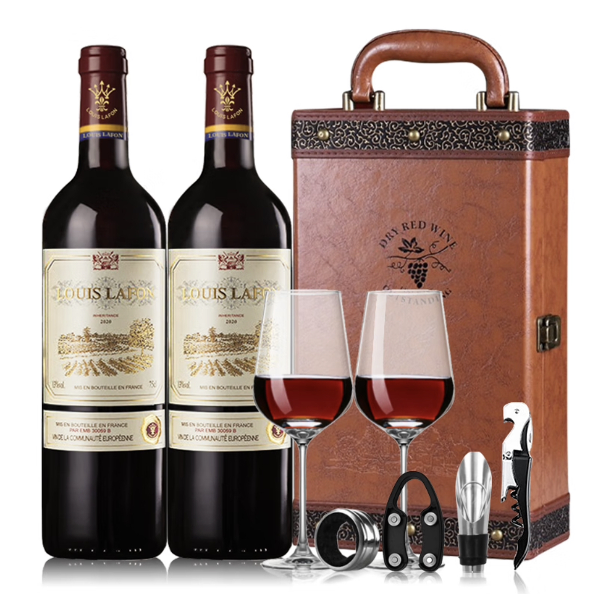 ￼￼路易拉菲法国原瓶进口红酒干红葡萄酒  750ml*2瓶双支红酒礼盒双支酒杯￼￼