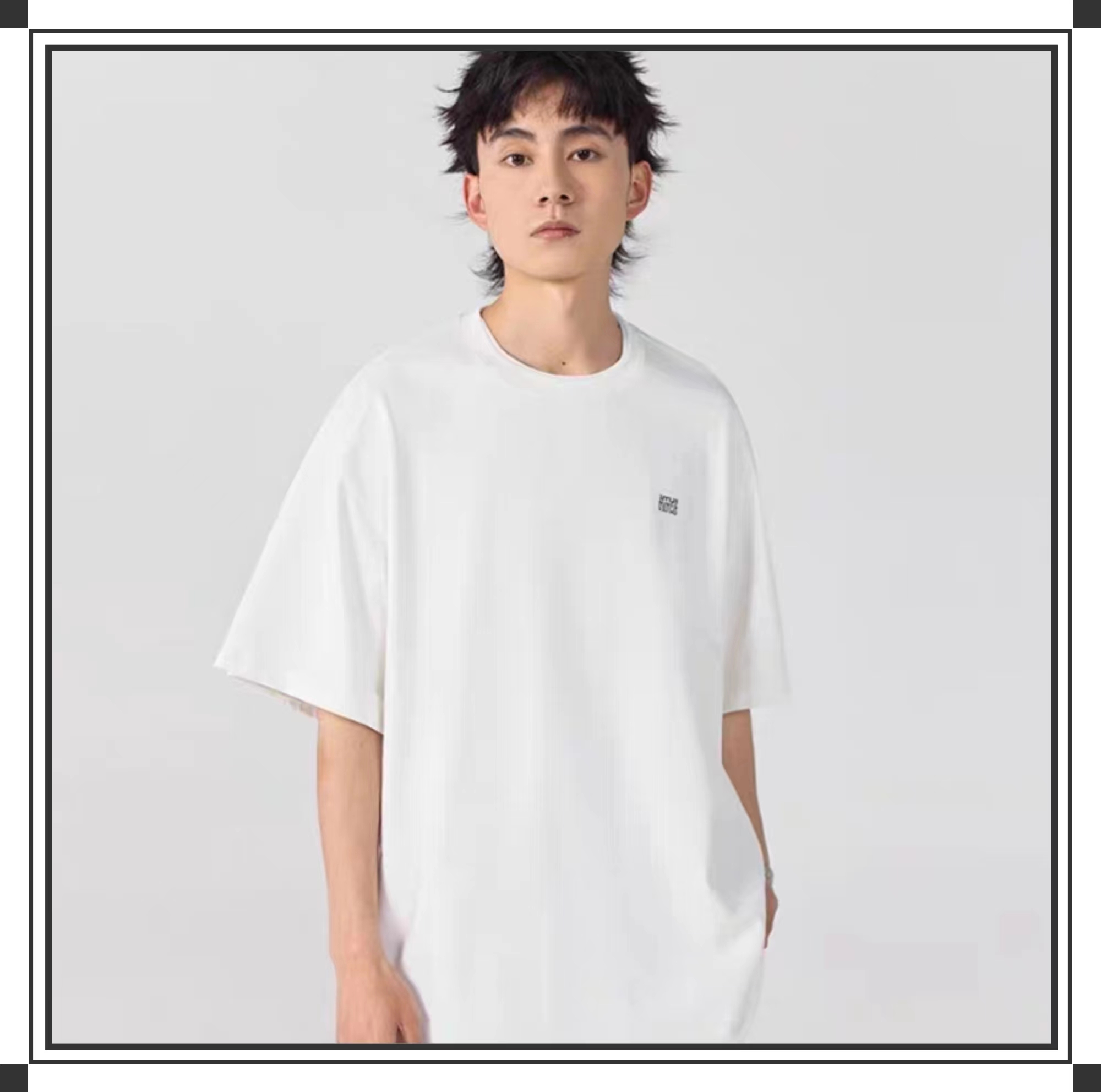 羊村男装店 夏季新款白色圆领短袖T恤男日系16织230g宽松上衣