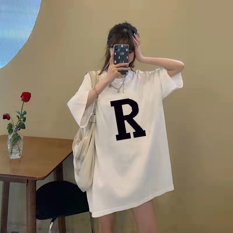 2022夏季新款字母印花短袖纯棉t恤女学生韩版宽松百搭五分袖上衣