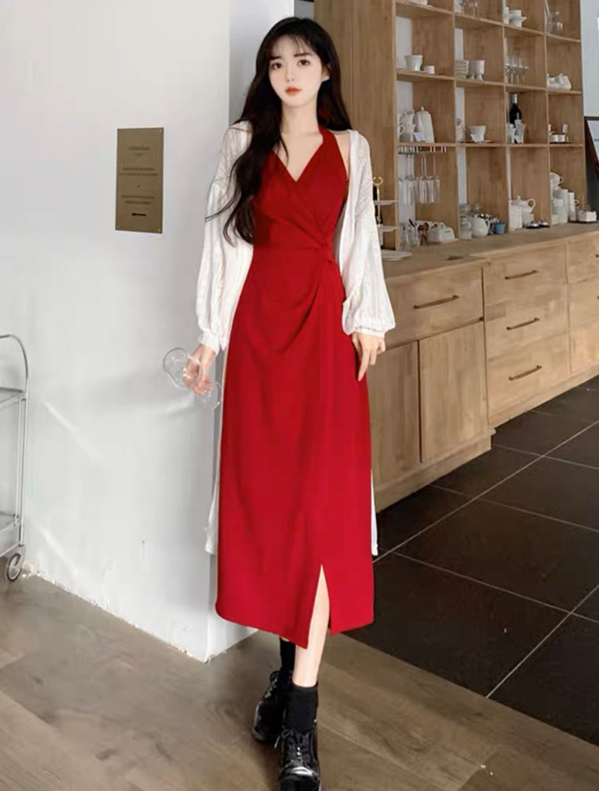 高级感红色连衣长裙2023港风连衣裙