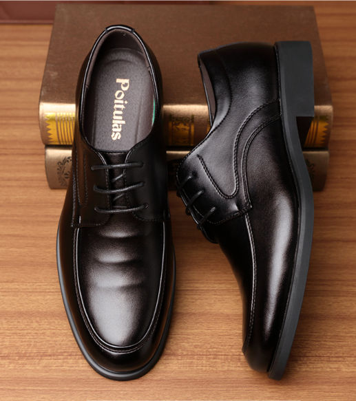 波图蕾斯(Poitulas)英伦男士商务休闲鞋正装皮鞋男系带耐磨 9829 黑色