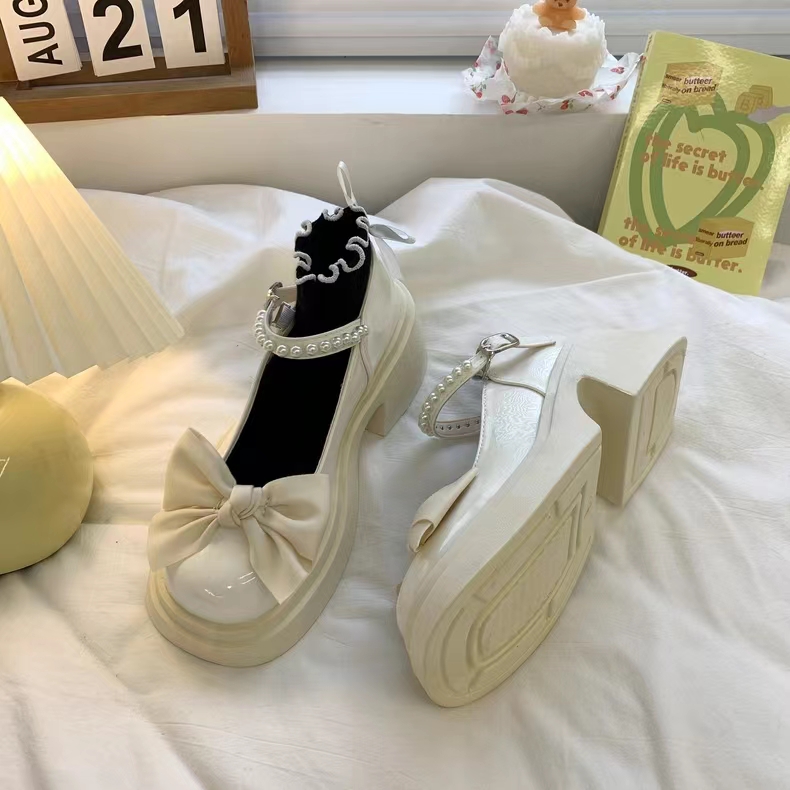 法式玛丽珍女鞋2023夏季新款百搭粗跟高跟珍珠气质蝴蝶结仙女单鞋