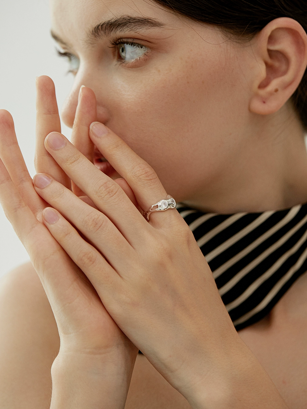 G/S液态艺术 冷淡风小众设计不规则S925银戒指女时髦设计师指环 银色 开口可调节