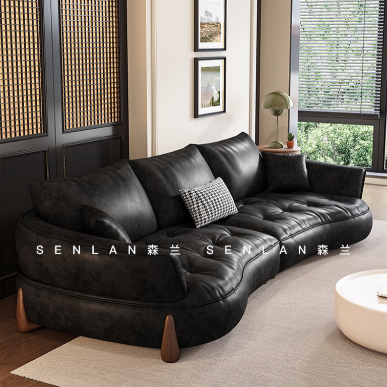 弧形复古真皮沙发头层牛皮小户型现代简约客厅沙发意式极简油蜡皮