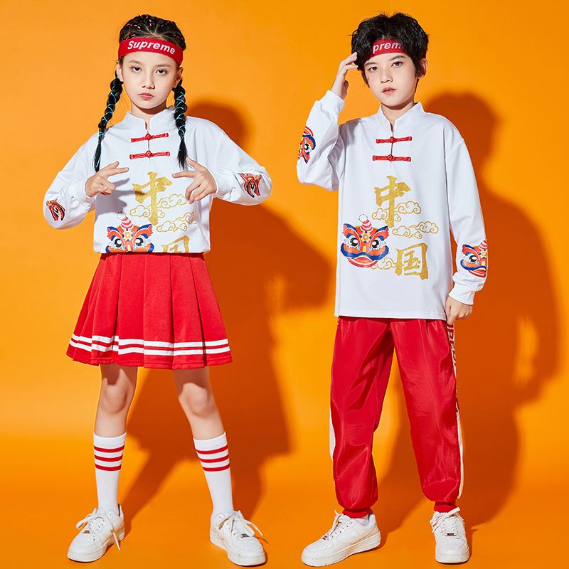 儿童啦啦队演出服男童中国风元素国潮套装小学生拉拉队服装表演服 醒狮男女同款（白色上衣+红色长裤） 100CM(版型偏大，不要拍大哦）
